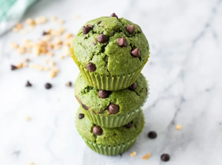 Hero shot of three perfectly baked, fluffy green spinach muffins stacked on a minimalist white plate on a marble countertop. The top muffin has melted vegan chocolate chips, the bottom muffin has white sesame seeds sprinkled on top. Natural morning light casts soft shadows. A subtle wooden cutting board is visible in the background, with fresh herbs. Warm tones, clean and tidy presentation. (4:3 ratio)