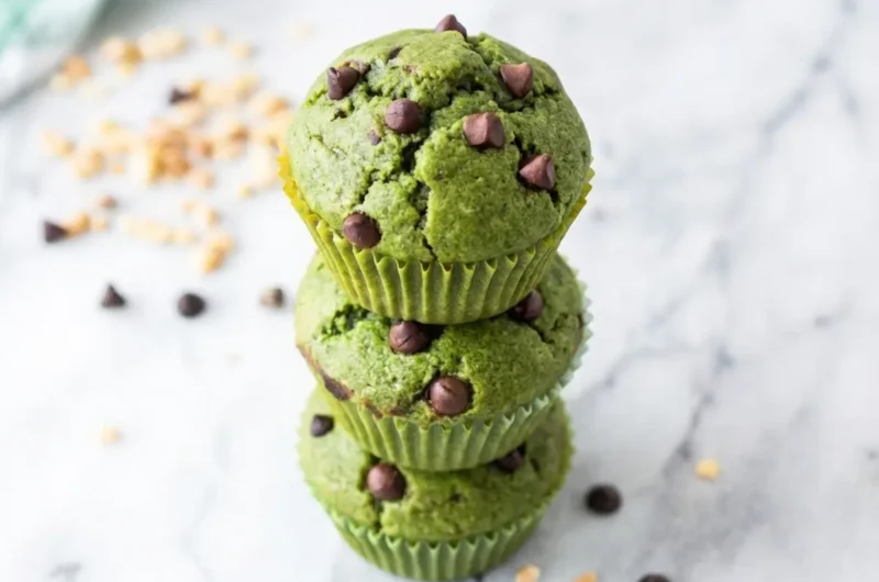 Hero shot of three perfectly baked, fluffy green spinach muffins stacked on a minimalist white plate on a marble countertop. The top muffin has melted vegan chocolate chips, the bottom muffin has white sesame seeds sprinkled on top. Natural morning light casts soft shadows. A subtle wooden cutting board is visible in the background, with fresh herbs. Warm tones, clean and tidy presentation. (4:3 ratio)