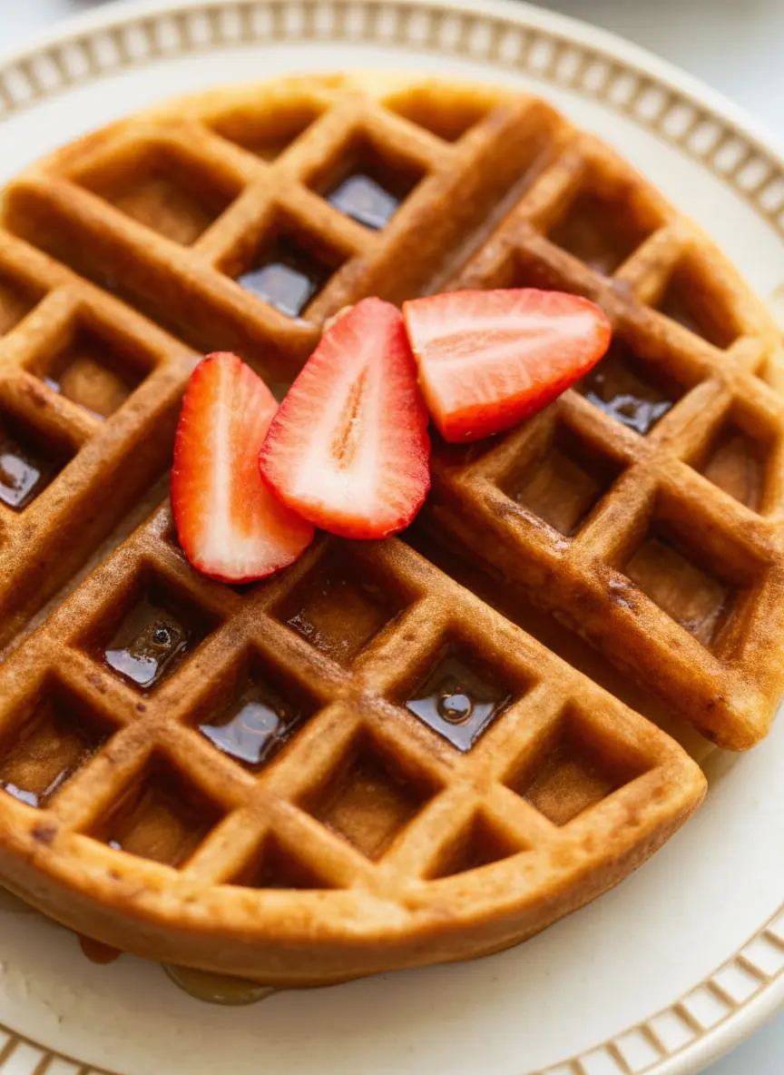Ingredients laid out for fluffy whole wheat waffles: whole wheat flour, buttermilk, eggs, and butter in minimalist white ceramic bowls on a wooden cutting board on a white marble countertop. Fresh herbs are subtly in the background, bathed in natural morning light, with soft shadows. (3:4 ratio)