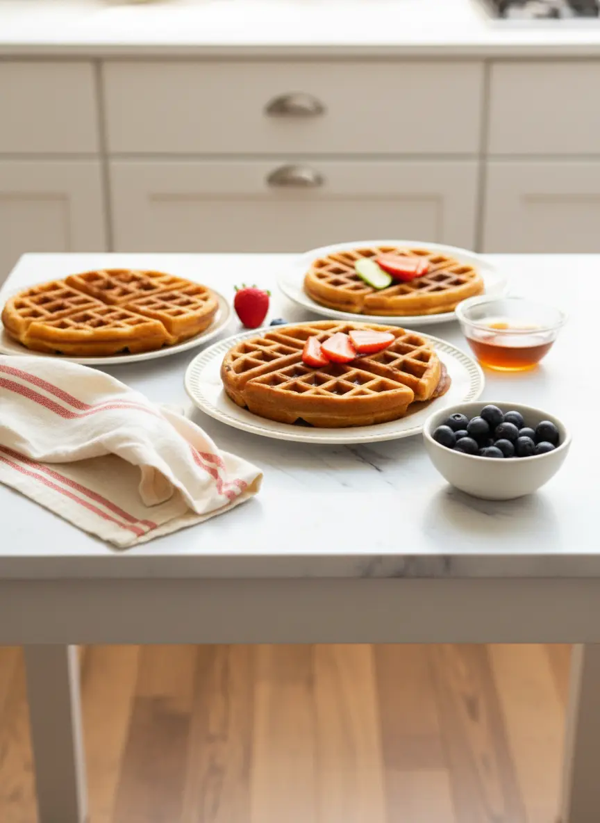 Close-up of waffle batter being poured onto a hot waffle iron, showing the texture of the batter and steam gently rising. The waffle iron is black and clean, on a white marble countertop, lit by natural morning light. No hands visible. (3:4 ratio)