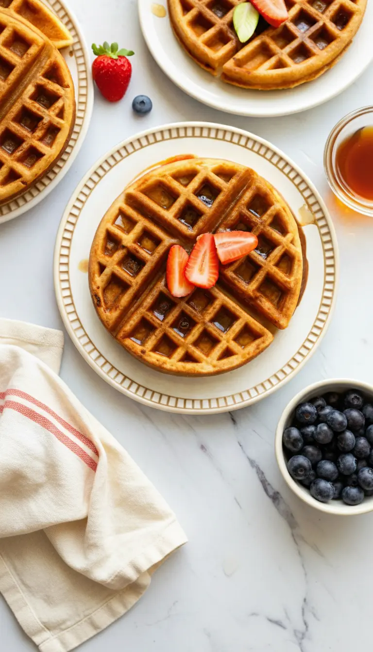 A close-up shot of a stack of fluffy whole wheat waffles on a white plate, showcasing their internal light and airy texture and golden crisp edges. They are drizzled with maple syrup, with fresh strawberries and blueberries scattered around. On a white marble countertop with natural morning light and soft shadows. (3:4 ratio)