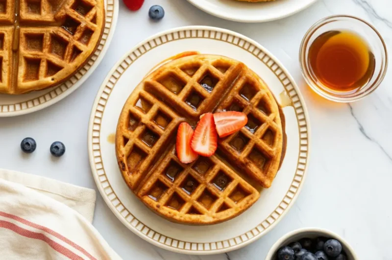 Hero shot of a perfectly round, golden brown fluffy whole wheat waffle, drizzled generously with maple syrup and topped with bright red sliced strawberries, resting on a minimalist white plate with a subtle patterned rim. The scene is bathed in natural morning light, on a white marble countertop with a hint of warm wooden accents in the background. A small bowl of fresh blueberries and a linen napkin are artfully placed, soft shadows define the composition. (4:3 ratio)