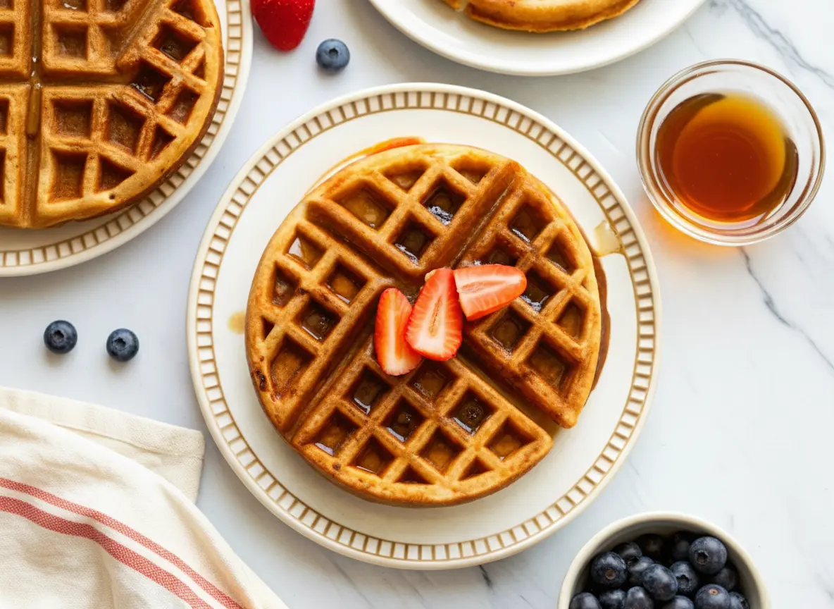 Hero shot of a perfectly round, golden brown fluffy whole wheat waffle, drizzled generously with maple syrup and topped with bright red sliced strawberries, resting on a minimalist white plate with a subtle patterned rim. The scene is bathed in natural morning light, on a white marble countertop with a hint of warm wooden accents in the background. A small bowl of fresh blueberries and a linen napkin are artfully placed, soft shadows define the composition. (4:3 ratio)