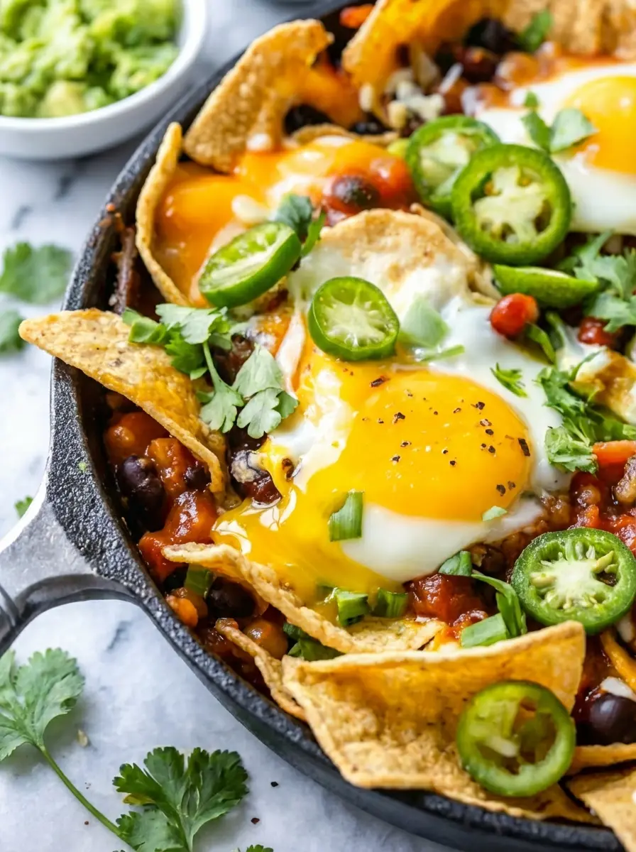 A close-up shot of the fresh ingredients for Healthy Mexican Egg Nachos, including vibrant green cilantro and sliced jalapeños on a wooden cutting board, a bowl of diced avocado, and a bowl of black beans, all arranged on a light marble countertop under natural morning light. The setting is clean and tidy with soft shadows. (3:4 ratio)