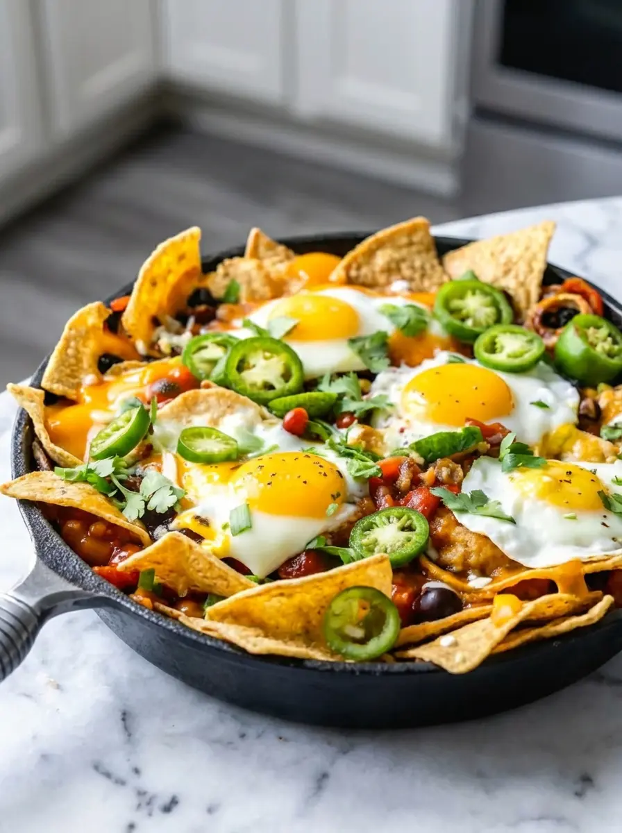 A process shot showing a hand-held skillet being removed from an oven, revealing a layer of tortilla chips, melted cheese, black beans, and salsa bubbling on top. The background features a light marble countertop and soft morning light. The focus is on the warm, gooey layers before eggs are added. No hands or people are visible. (3:4 ratio)
