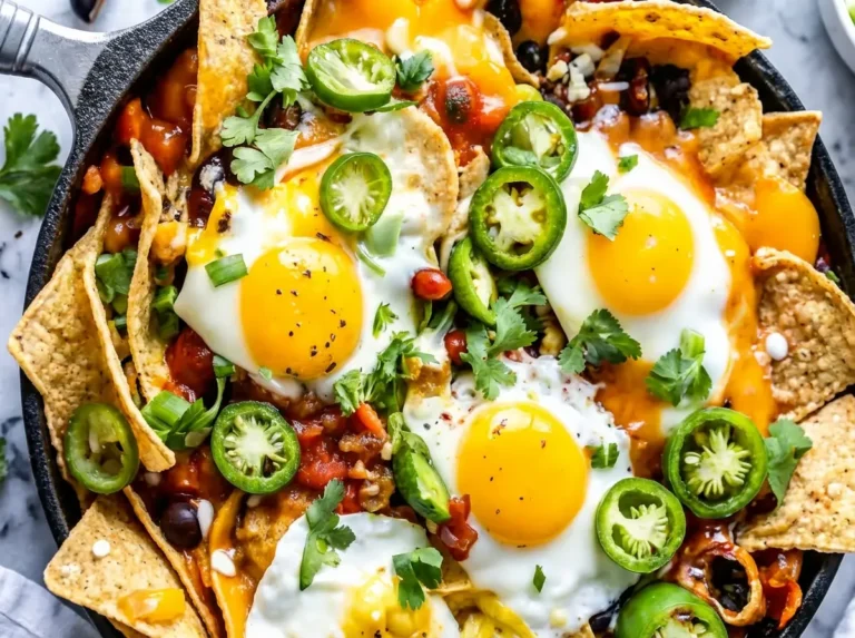 A cast iron skillet filled with vibrant Healthy Mexican Egg Nachos, featuring crispy golden tortilla chips, melted cheddar and Monterey Jack cheese, rich black beans, diced tomatoes, bright green avocado chunks, fresh cilantro, and perfectly fried eggs with golden, runny yolks. Sliced green jalapeños are scattered throughout. The skillet sits on a light marble countertop with a subtle wood accent in the background. Natural morning light from an east window casts soft shadows. The scene is clean, tidy, and has warm tones. (4:3 ratio)