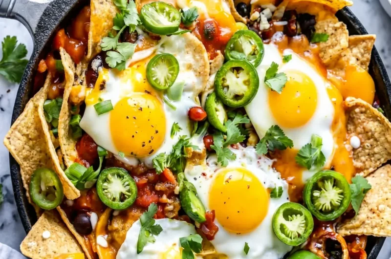 A cast iron skillet filled with vibrant Healthy Mexican Egg Nachos, featuring crispy golden tortilla chips, melted cheddar and Monterey Jack cheese, rich black beans, diced tomatoes, bright green avocado chunks, fresh cilantro, and perfectly fried eggs with golden, runny yolks. Sliced green jalapeños are scattered throughout. The skillet sits on a light marble countertop with a subtle wood accent in the background. Natural morning light from an east window casts soft shadows. The scene is clean, tidy, and has warm tones. (4:3 ratio)