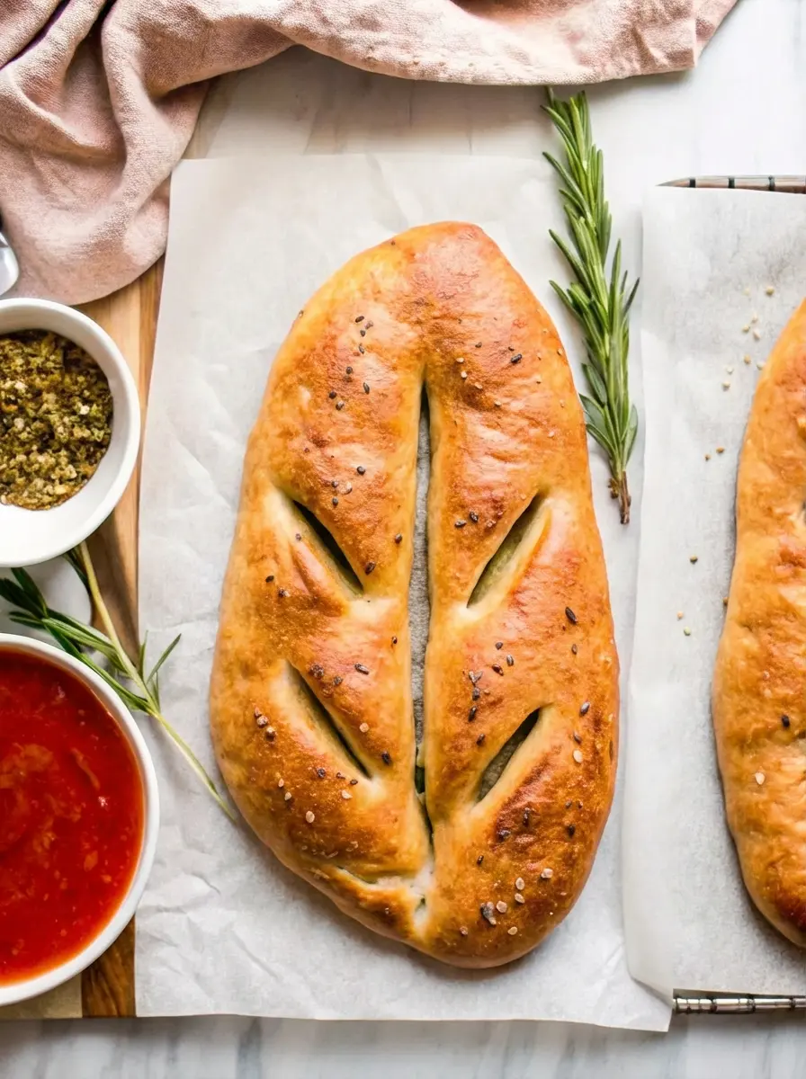 A minimalist display of fougasse ingredients: a bowl of all-purpose flour, a small bowl of active dry yeast, a bottle of olive oil, and fresh rosemary sprigs, arranged on a light wooden cutting board on a marble countertop. Natural morning light, soft shadows, clean and tidy. No hands.