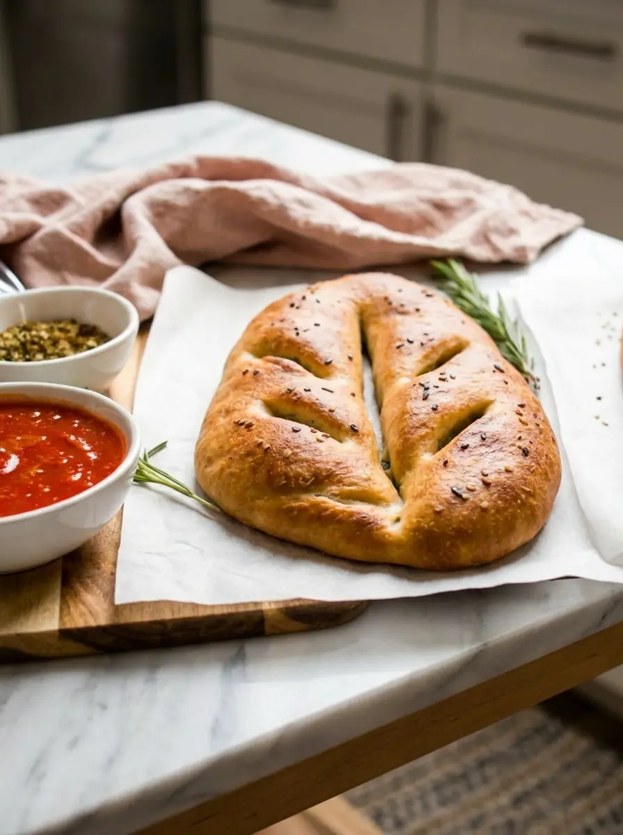 A close-up, slightly elevated shot of a shaped fougasse dough, freshly scored with its distinctive leaf-like slashes, on parchment paper on the wooden cutting board. It's brushed with olive oil and lightly sprinkled with flaky sea salt and black sesame seeds, ready for baking. Natural morning light, soft shadows. No hands.