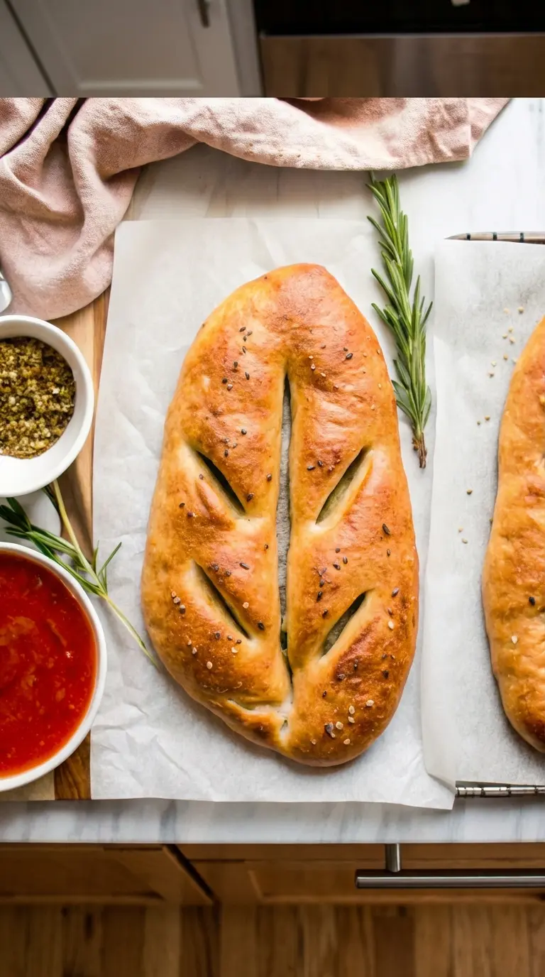A close-up, slightly angled shot of a golden-brown Homemade Fougasse French-Style Flatbread, showing its crisp, airy texture and delicate salt/sesame topping. It's resting on a white ceramic plate on a wooden cutting board, with a blurred background of a white ceramic bowl with red sauce and rosemary. Natural morning light, warm tones, clean presentation.