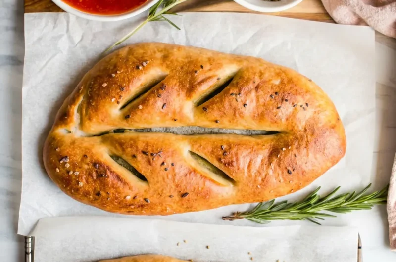 Top-down shot of a golden brown, freshly baked Homemade Fougasse French-Style Flatbread, perfectly scored into a leaf shape, lightly sprinkled with flaky sea salt and black sesame seeds. It rests on a piece of parchment paper on a light wooden cutting board. In the background, a white ceramic bowl holds a vibrant red marinara sauce, another holds a bowl of green za'atar, and fresh rosemary sprigs are scattered. Natural morning light creates soft shadows on the marble countertop. Warm tones, clean and tidy.