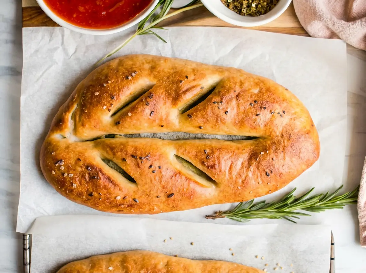 Top-down shot of a golden brown, freshly baked Homemade Fougasse French-Style Flatbread, perfectly scored into a leaf shape, lightly sprinkled with flaky sea salt and black sesame seeds. It rests on a piece of parchment paper on a light wooden cutting board. In the background, a white ceramic bowl holds a vibrant red marinara sauce, another holds a bowl of green za'atar, and fresh rosemary sprigs are scattered. Natural morning light creates soft shadows on the marble countertop. Warm tones, clean and tidy.