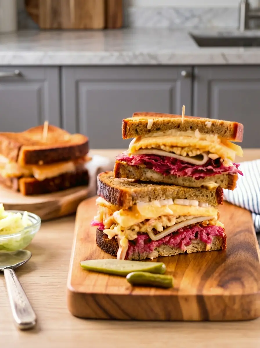 A close-up shot focusing on the assembly of a Reuben sandwich. Layers of thinly sliced corned beef, Swiss cheese, and well-drained sauerkraut are being carefully placed onto a slice of toasted rye bread, resting on the wooden cutting board. The marble countertop is visible, illuminated by natural morning light, creating soft, warm shadows. The presentation is clean and tidy, capturing the essence of the cooking process. (3:4 ratio)