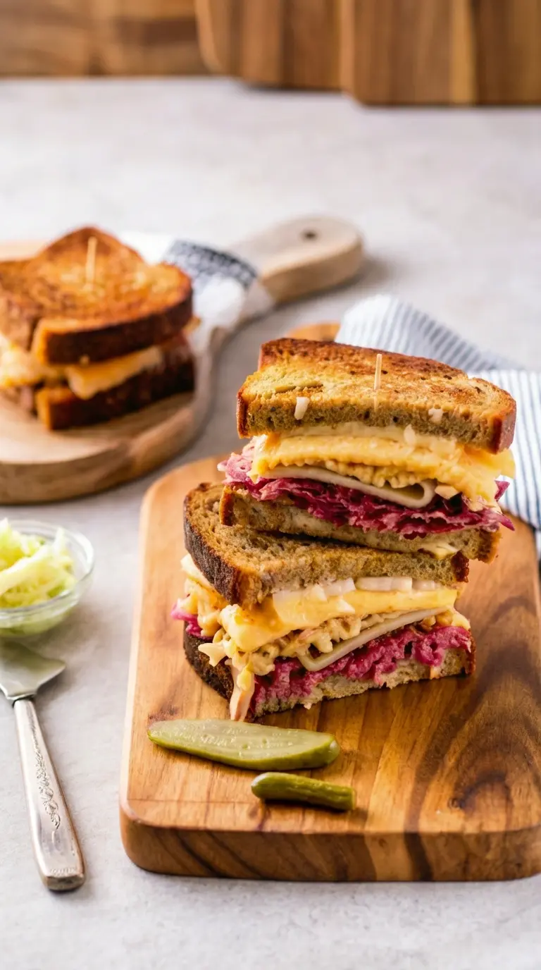 A perfectly grilled Reuben sandwich, cut diagonally to reveal the luscious cross-section of tender corned beef, tangy sauerkraut, and gloriously melted Swiss cheese, all held within golden-brown toasted rye bread. It is served on the wooden cutting board, accompanied by two crisp dill pickle spears. Natural morning light spills onto the marble countertop, highlighting the textures and warm tones, with a clean and inviting presentation. (3:4 ratio)