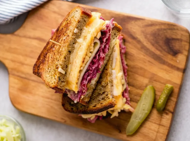 A beautifully stacked Reuben sandwich, cut in half, on toasted rye bread, showcasing distinct layers of thinly sliced corned beef, tangy sauerkraut, perfectly melted Swiss cheese, and a hint of creamy Russian dressing. Two crisp dill pickle spears rest on the same rustic wooden cutting board. Another similarly prepared Reuben sandwich is artfully blurred in the background. The scene is set on a light marble countertop, bathed in natural morning light from an east window, with soft shadows and warm tones, presented cleanly and tidily. Fresh herbs are subtly visible in the soft-focus background. (4:3 ratio)