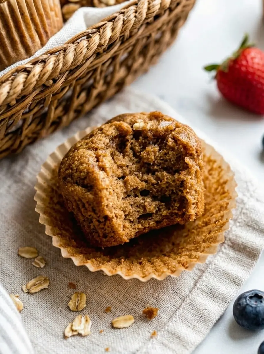 A minimalist shot on a white marble countertop featuring the key ingredients for Simply Applesauce Muffins: a ceramic bowl of whole wheat flour, a clear glass bowl of smooth applesauce, a raw egg, and a small ramekin of cinnamon, arranged neatly next to a wooden cutting board. Natural morning light creates gentle shadows. No hands or people visible, 3:4 aspect ratio.