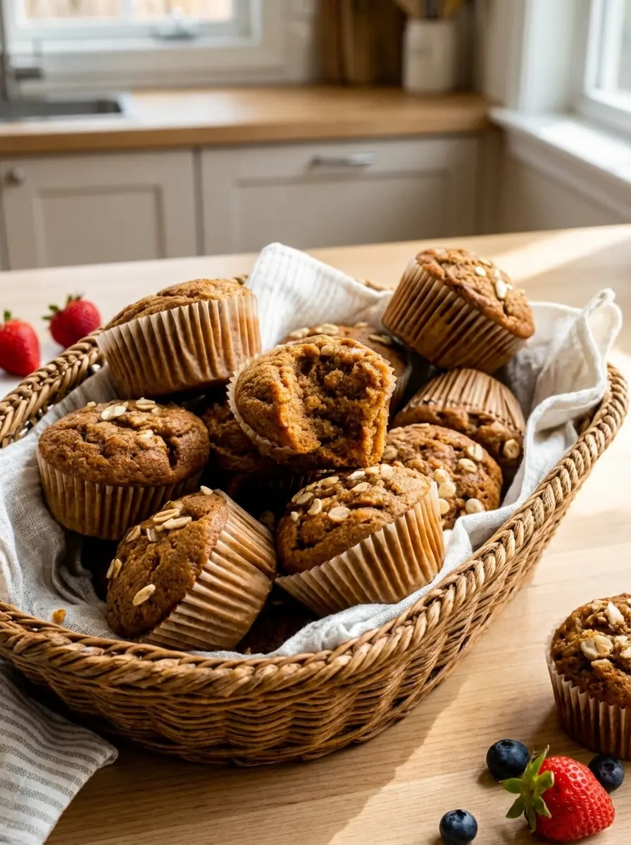 A close-up shot of muffin batter, speckled with cinnamon, being gently spooned into white paper liners in a muffin tin, resting on a white marble countertop. The texture of the batter is visible, smooth and thick. A wooden spoon is resting beside the tin. Soft natural light highlights the process. No hands or people visible, 3:4 aspect ratio.