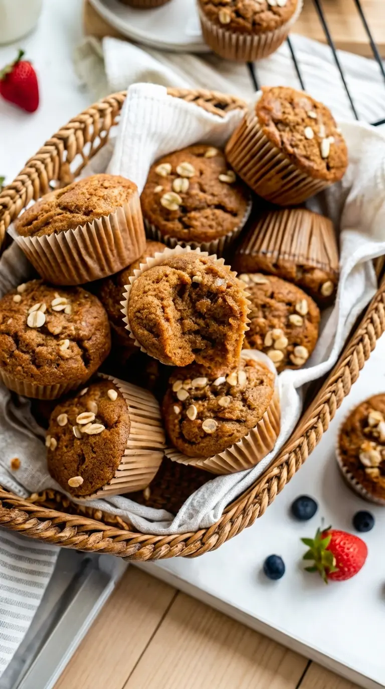 A stack of three golden-brown Simply Applesauce Muffins, each topped with oat flakes, carefully arranged on a small minimalist white ceramic plate. The plate is positioned on a marble countertop with a subtle wood accent. The muffins show their moist texture and perfectly domed tops. Fresh blueberries and a sprig of mint are subtly in the background. Natural morning light creates inviting, warm tones. No hands or people visible, 3:4 aspect ratio.