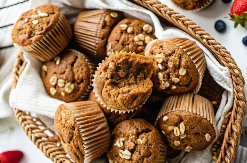 An overhead shot of a rustic woven basket brimming with golden-brown Simply Applesauce Muffins, each in a crisp white paper liner and topped with a scattering of oat flakes. The basket sits on a clean white marble countertop with a subtle wooden accent in the background. Fresh strawberries and blueberries are artfully scattered around the base of the basket on a striped linen. Natural morning light casts soft, warm shadows, creating a tidy and inviting scene. No hands or people visible, 4:3 aspect ratio.