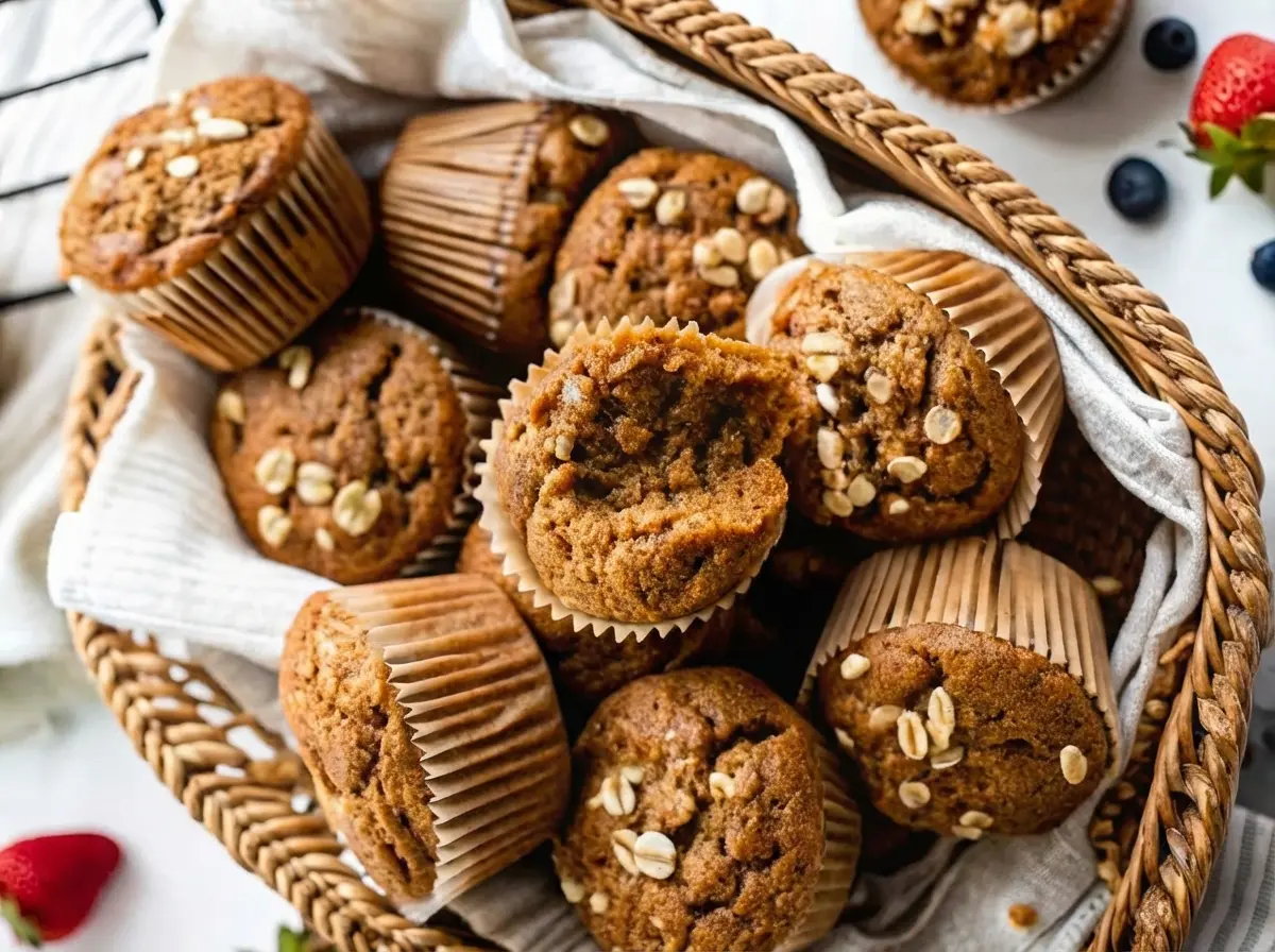 An overhead shot of a rustic woven basket brimming with golden-brown Simply Applesauce Muffins, each in a crisp white paper liner and topped with a scattering of oat flakes. The basket sits on a clean white marble countertop with a subtle wooden accent in the background. Fresh strawberries and blueberries are artfully scattered around the base of the basket on a striped linen. Natural morning light casts soft, warm shadows, creating a tidy and inviting scene. No hands or people visible, 4:3 aspect ratio.