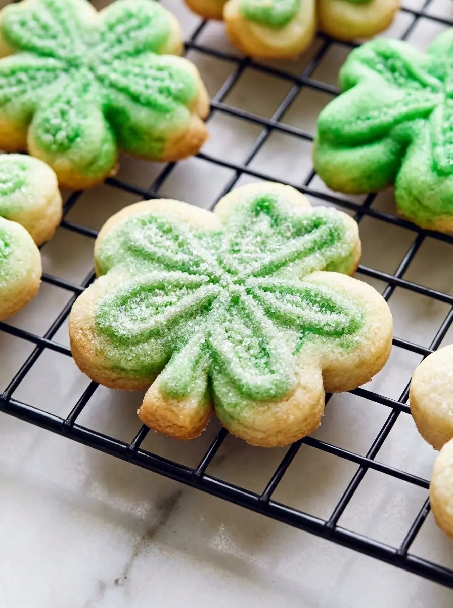 Overhead shot of unrolled vanilla bean cookie dough on a natural wooden cutting board, with a metal shamrock cookie cutter beside it. Nearby, a minimalist white ceramic bowl holds flour, and a small jar of vanilla bean paste is visible. Fresh mint sprigs are subtly placed in the soft background on a marble countertop. Natural morning light from an east window, casting soft shadows, clean and tidy presentation, warm tones, no hands or people. (3:4 ratio)