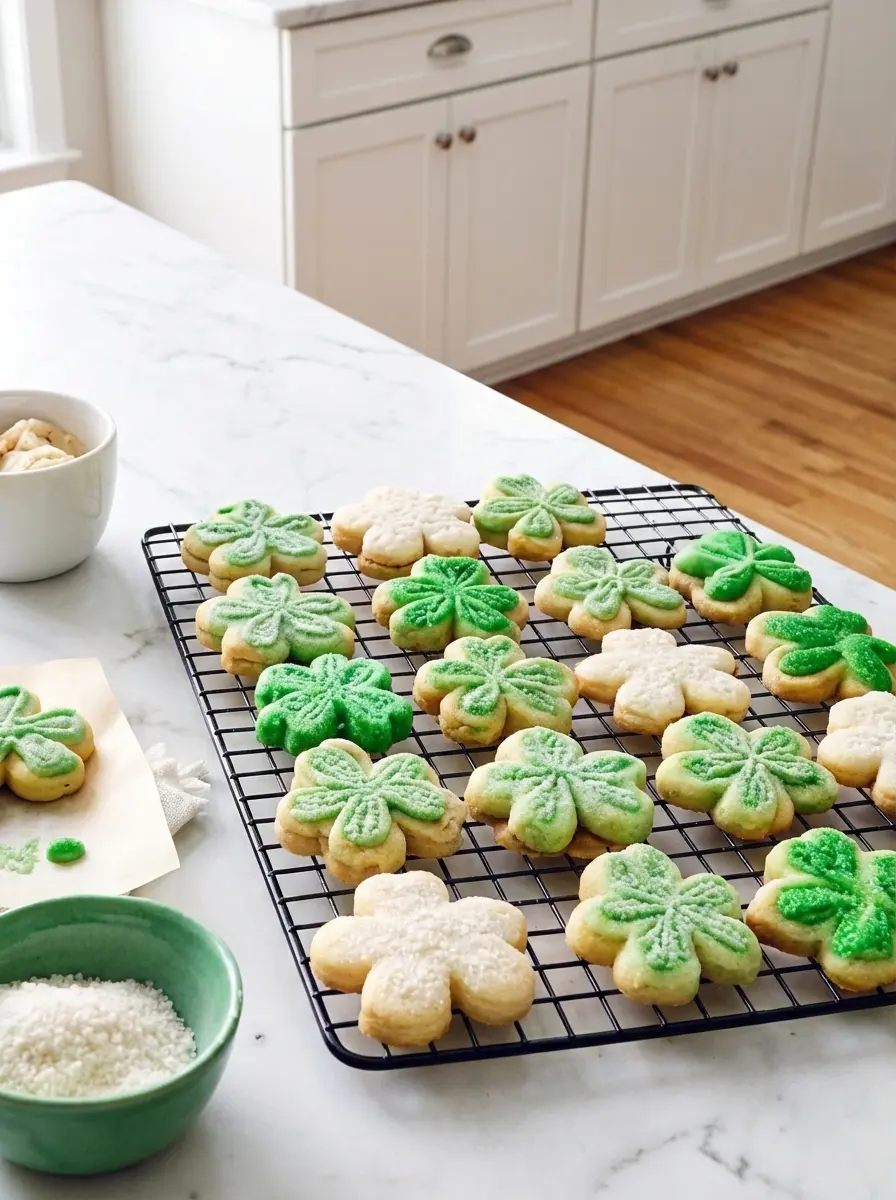 A shamrock-shaped sugar cookie positioned on a natural wooden cutting board, partially frosted with intricate green and white swirled buttercream being applied from a green piping bag (only the bag and tip visible, no hands). Other frosted and unfrosted cookies are artistically arranged around it. Soft, natural morning light from an east window creates gentle shadows. A marble countertop and fresh mint sprigs are in the soft background, clean and tidy presentation, warm tones, no hands or people. (3:4 ratio)