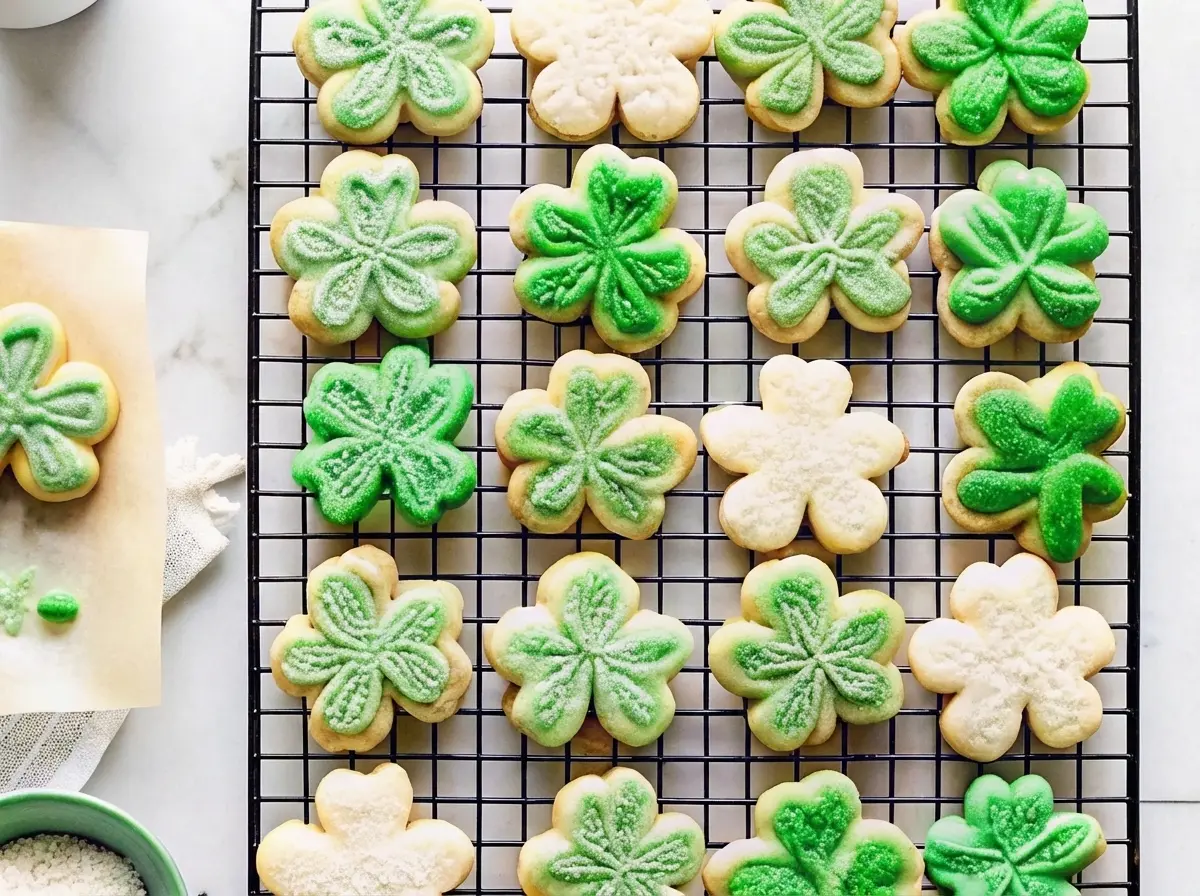 Overhead shot of an artfully arranged collection of shamrock-shaped sugar cookies, some frosted with vibrant green and white swirled buttercream, others with just green or just white, decorated with a mix of gold edible glitter, white jimmie sprinkles, and rainbow sprinkles. The cookies are on a light wooden cutting board, with a corner of a green linen visible. A green piping bag with a star tip is partially visible. Soft, natural morning light from an east window casts gentle shadows. A minimalist white ceramic bowl with colorful sprinkles and fresh mint sprigs are in the background on a marble countertop. Clean and tidy presentation, warm tones, no hands or people. (4:3 ratio)