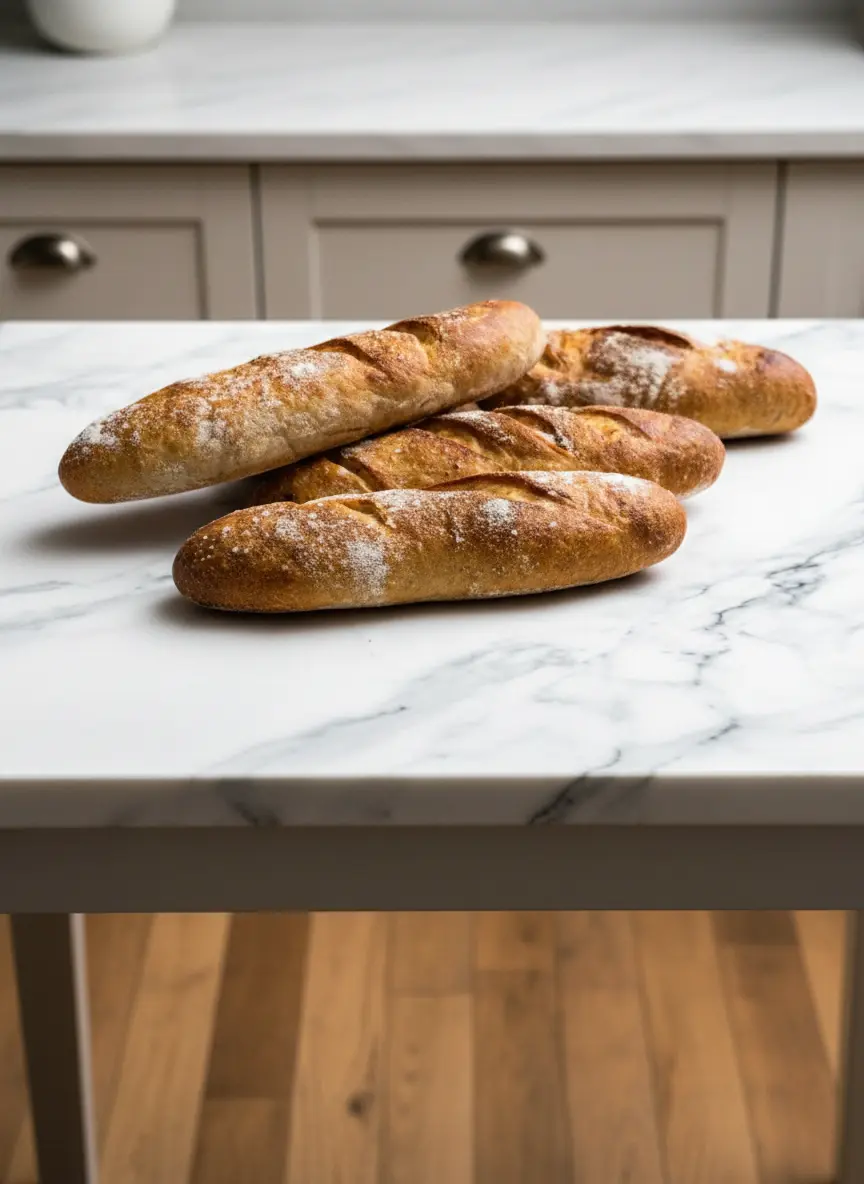 A rustic, shaggy bread dough in a minimalist white ceramic bowl, lightly dusted with flour, sitting on a wooden cutting board on a marble countertop. Gentle folds are visible on the surface of the dough, suggesting the no-knead process. Soft natural morning light, warm tones, clean and tidy, no hands or people. (3:4 ratio)