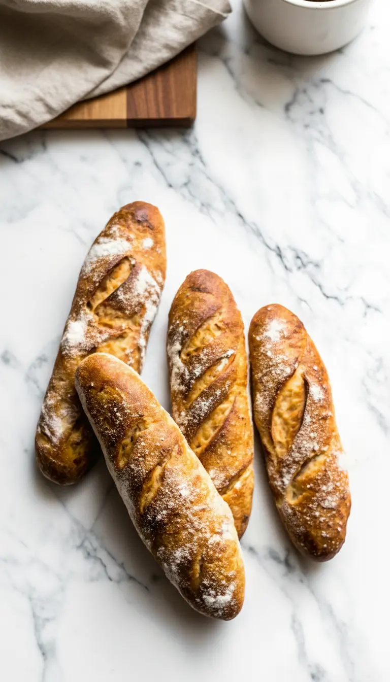 A single, perfectly baked, golden-brown artisan bread baguette, sliced to reveal an open, airy crumb texture. It rests on a rustic wooden cutting board, with a sprig of fresh rosemary nearby, on a marble countertop under soft natural morning light. Warm tones, clean and tidy, no hands or people. (3:4 ratio)