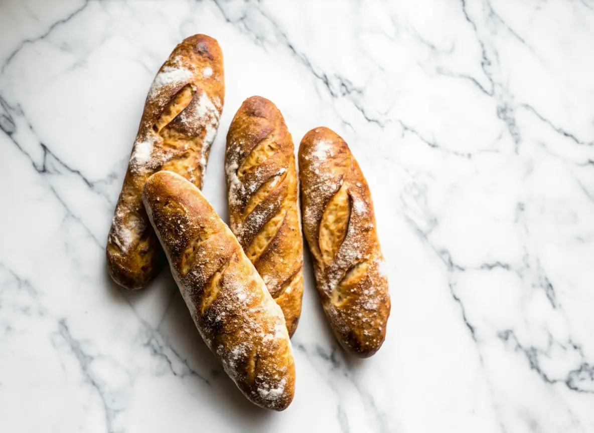 Overhead shot of four freshly baked, golden-brown, flour-dusted artisan bread baguettes with deep scoring marks, arranged artfully on a pristine white marble countertop, bathed in soft natural morning light. Warm tones, clean and tidy presentation, no hands or people. (4:3 ratio)