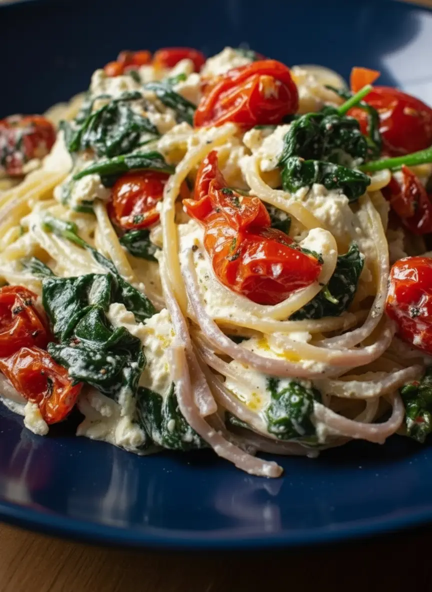 An artful flat lay of fresh, colorful ingredients for Baked Feta Pasta: a block of feta cheese, vibrant red cherry tomatoes spilling from a ceramic bowl, fresh green spinach, whole garlic cloves, a bottle of olive oil, and a bundle of fresh basil on a rustic wooden cutting board. All are arranged neatly on a marble countertop under soft natural morning light, with warm tones and gentle shadows. (3:4 ratio)