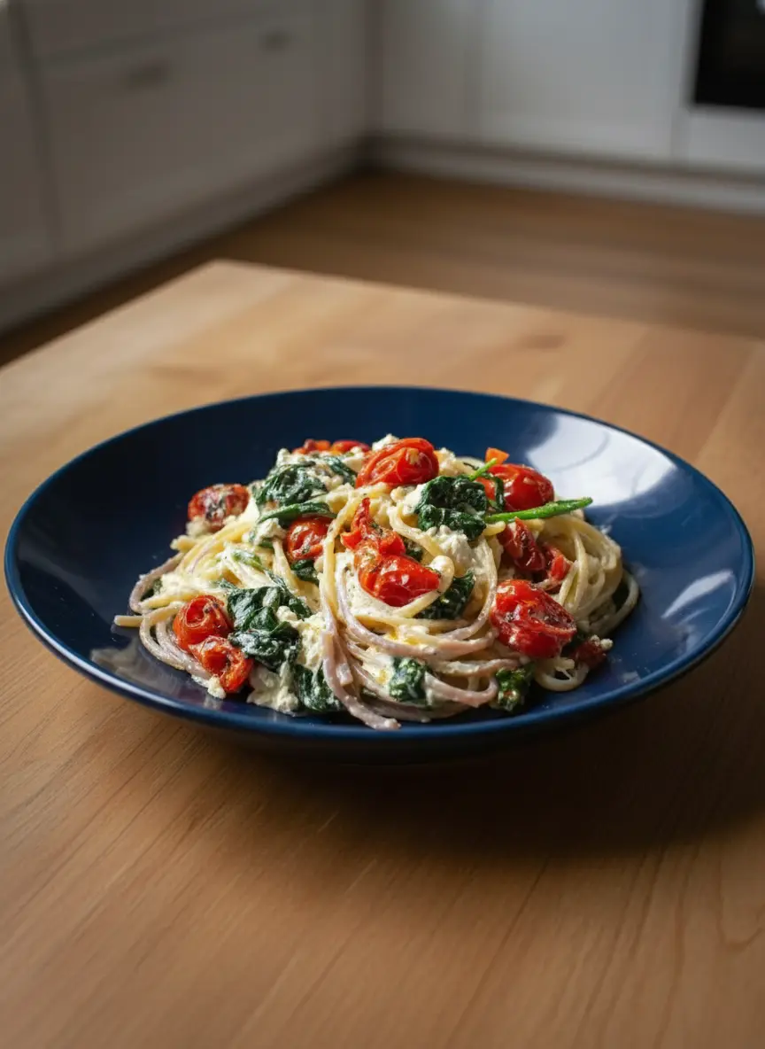 A close-up of a rustic white ceramic baking dish just out of the oven, filled with burst, blistered cherry tomatoes and a golden-edged block of creamy feta cheese, ready to be mashed into a sauce. A wooden spoon or fork rests nearby. The scene is on a marble countertop, illuminated by natural morning light, creating warm tones and soft shadows. (3:4 ratio)