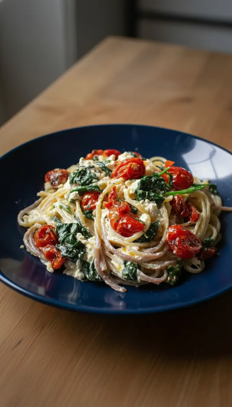 A close-up, inviting shot of the finished Baked Feta Pasta being served on a dark blue ceramic plate. The image highlights the creamy texture of the feta sauce, the tender spaghetti, the vibrant roasted cherry tomatoes, and the wilted green spinach, with thin purple-red onion slices visible and fresh herbs sprinkled on top. It's styled on a light wooden surface in warm, natural morning light, showing soft shadows. (3:4 ratio)
