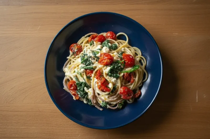 A vibrant hero shot of Baked Feta Pasta on a minimalist dark blue ceramic plate, overflowing with creamy white feta sauce, bright red roasted cherry tomatoes, rich green spinach, and delicate purple-red onion rings, garnished with fresh green herbs. The plate is centered on a light wooden surface against a backdrop of marble countertop, bathed in natural morning light from an east window, with soft shadows and warm tones, clean and tidy presentation. (4:3 ratio)