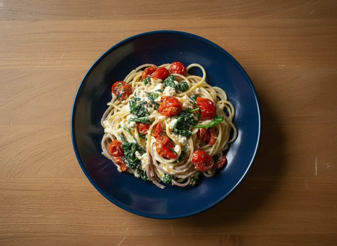 A vibrant hero shot of Baked Feta Pasta on a minimalist dark blue ceramic plate, overflowing with creamy white feta sauce, bright red roasted cherry tomatoes, rich green spinach, and delicate purple-red onion rings, garnished with fresh green herbs. The plate is centered on a light wooden surface against a backdrop of marble countertop, bathed in natural morning light from an east window, with soft shadows and warm tones, clean and tidy presentation. (4:3 ratio)