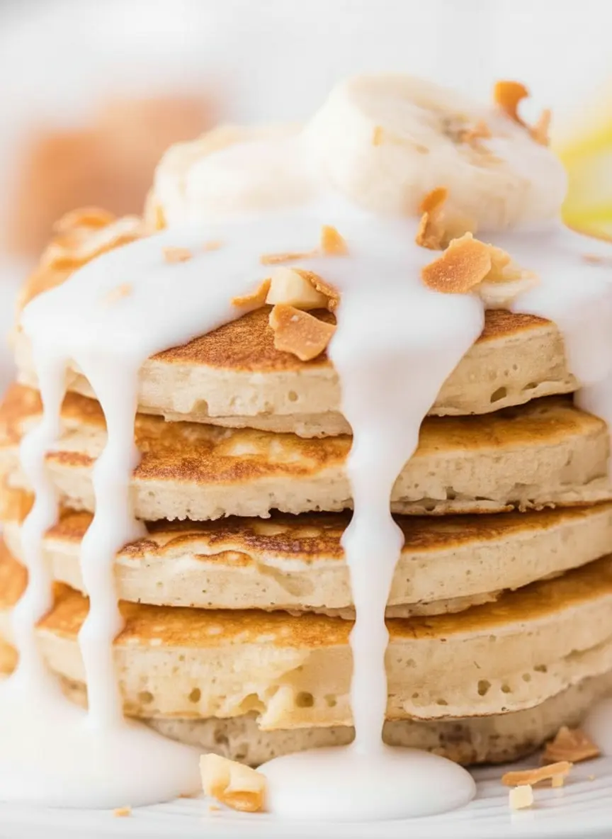 A rustic wooden cutting board with a peeled ripe banana being mashed with a fork, alongside a small white ceramic bowl filled with chopped macadamia nuts, another with toasted coconut flakes, and a clear glass bowl of flour. Natural morning light casts soft shadows on the marble countertop. (3:4 ratio)