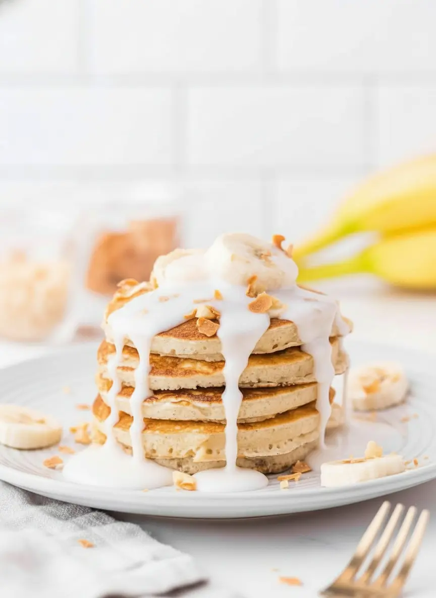 A close-up shot of a golden-brown Banana Macadamia Nut Pancake being gently flipped on a hot griddle or non-stick pan. The batter shows visible pieces of banana and macadamia nuts. The background is a clean kitchen with natural light, marble countertops, and warm tones. (3:4 ratio)