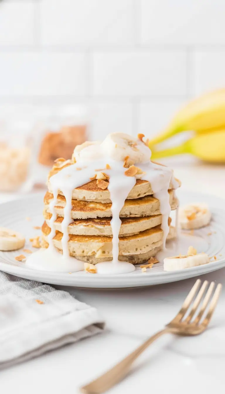 A tight shot of the cross-section and texture of a stack of fluffy Banana Macadamia Nut Pancakes on a white plate, revealing the airy interior and embedded nuts and banana. A stream of white coconut glaze is elegantly dripping down the sides. Scattered toasted coconut flakes and banana slices are on the plate. Natural morning light, marble countertop. (3:4 ratio)