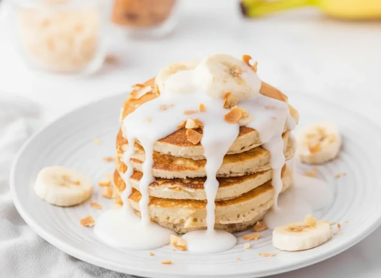 Hero shot of a tall stack of golden-brown Banana Macadamia Nut Pancakes on a minimalist white plate, generously drizzled with a thick, white coconut glaze. Sliced bananas, chopped macadamia nuts, and toasted coconut flakes are scattered over the top and around the base. The setting is a clean kitchen with natural morning light from an east window, marble countertops with a hint of wood accent, soft shadows, and warm tones. Fresh bananas and a light sprinkle of fresh herbs are visible in the background. (4:3 ratio)