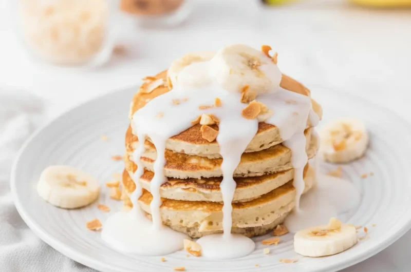 Hero shot of a tall stack of golden-brown Banana Macadamia Nut Pancakes on a minimalist white plate, generously drizzled with a thick, white coconut glaze. Sliced bananas, chopped macadamia nuts, and toasted coconut flakes are scattered over the top and around the base. The setting is a clean kitchen with natural morning light from an east window, marble countertops with a hint of wood accent, soft shadows, and warm tones. Fresh bananas and a light sprinkle of fresh herbs are visible in the background. (4:3 ratio)