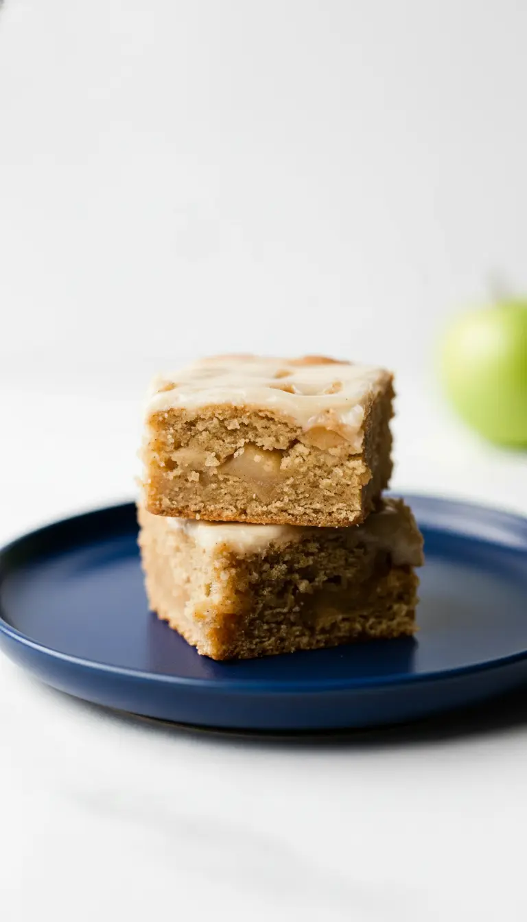 A close-up of a slice of Brown Butter Apple Blondies, showcasing its moist, chewy interior with visible baked apple chunks and the creamy, off-white glaze on top. The blondie is on a minimalist white plate, set on a marble countertop, with warm tones and soft shadows. A sprig of fresh herb (like thyme) is subtly placed next to it. (3:4 ratio)
