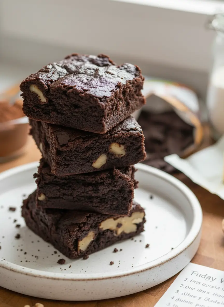A minimalist composition of ingredients for Brown Butter Brownies: a bowl of golden browned butter, measuring cups of flour and cocoa, whole walnuts, and dark chocolate chips on a marble countertop. Natural morning light illuminates the setup, with a wooden cutting board in the background. (3:4 ratio)
