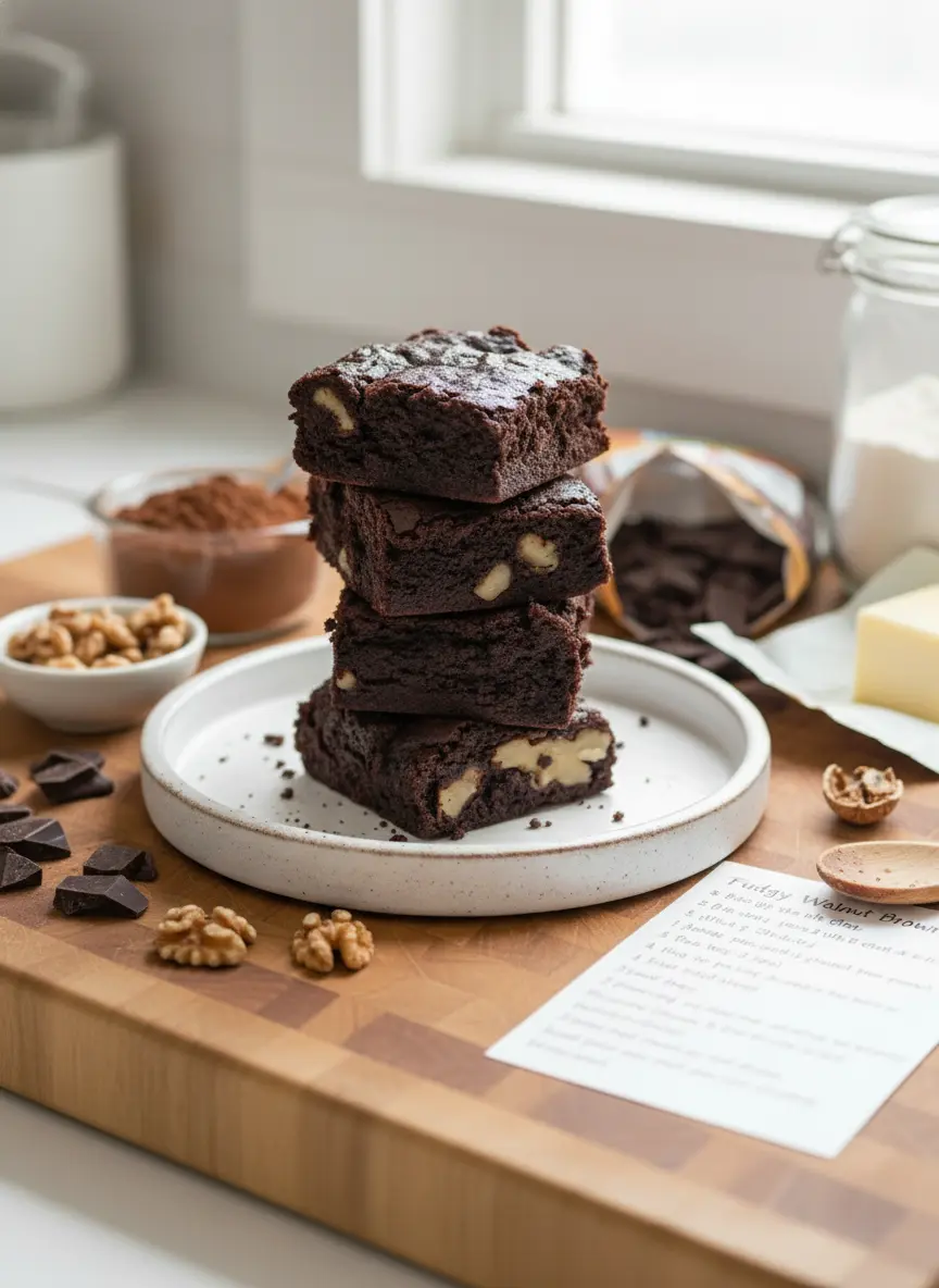 Close-up shot of rich, dark Brown Butter Brownie batter being gently folded with walnuts and chocolate chips in a ceramic bowl on a marble countertop. The wooden spoon shows the thick, fudgy consistency, bathed in natural morning light. (3:4 ratio)