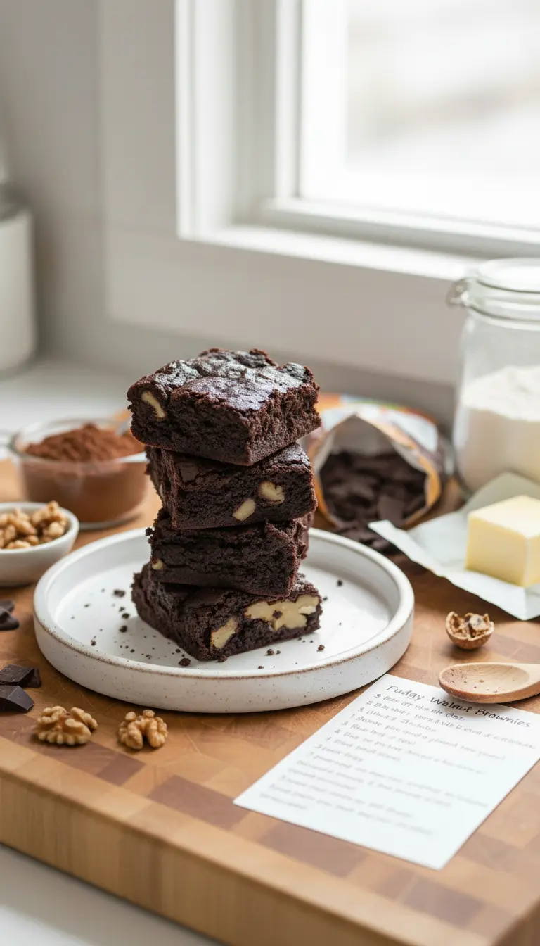 A serving of a single, rich, dark Brown Butter Brownie square, showcasing its dense, fudgy texture and clearly visible walnut pieces, placed on a white ceramic bowl. Soft shadows and warm tones, with a blurred fresh herb sprig in the background on a wooden accent. (3:4 ratio)