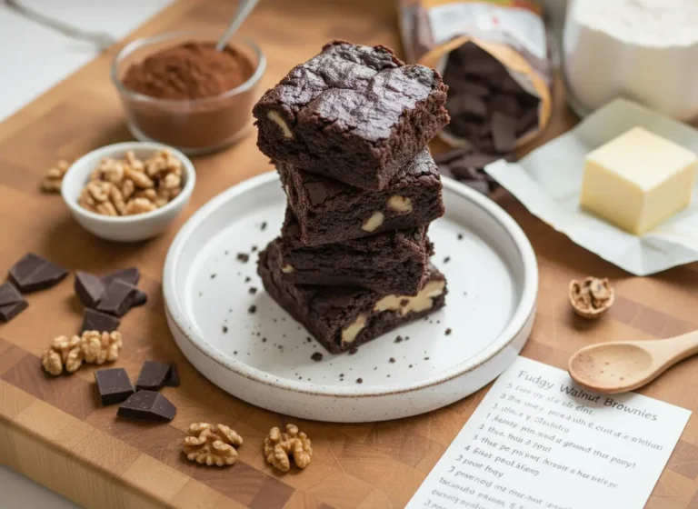 A stack of three intensely dark, fudgy Brown Butter Brownies, rich with visible walnut pieces, glistening slightly on top, presented on a minimalist white plate on a marble countertop. Natural morning light casts soft shadows, with a hint of a wooden cutting board and fresh herbs blurred in the warm background. (4:3 ratio)