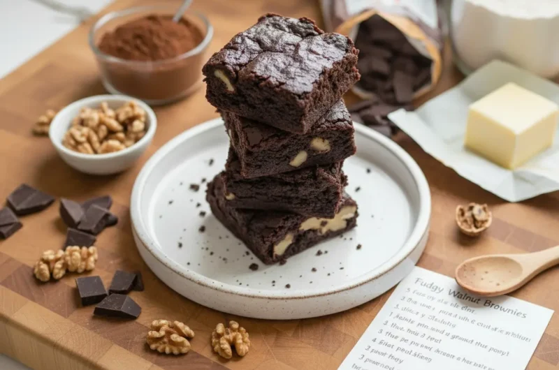 A stack of three intensely dark, fudgy Brown Butter Brownies, rich with visible walnut pieces, glistening slightly on top, presented on a minimalist white plate on a marble countertop. Natural morning light casts soft shadows, with a hint of a wooden cutting board and fresh herbs blurred in the warm background. (4:3 ratio)