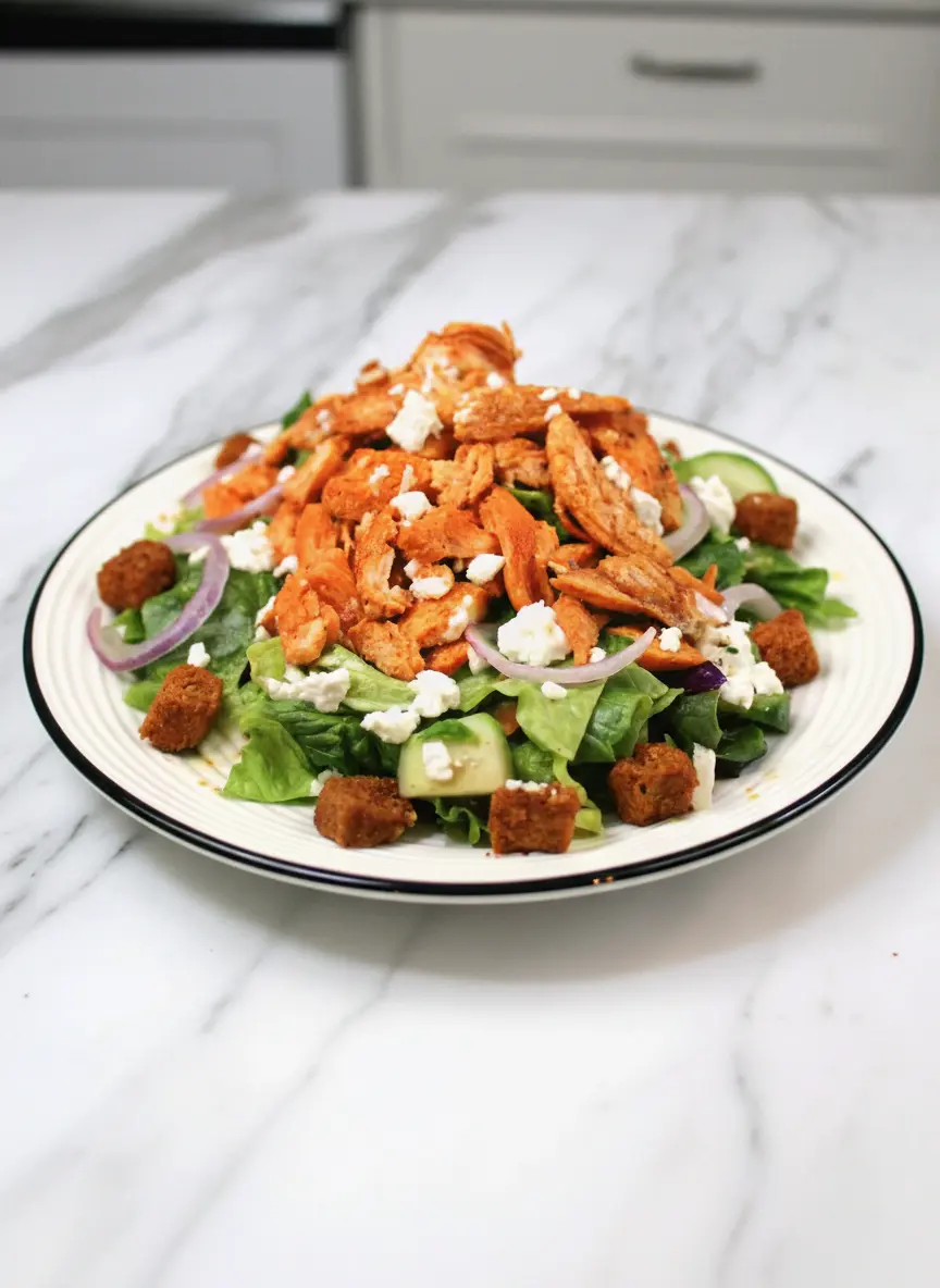 A minimalist white ceramic bowl filled with freshly cooked and shredded bright orange buffalo chicken pieces, being gently tossed with more buffalo sauce. The chicken is centered on a white marble countertop, next to a subtle corner of a wooden cutting board. Soft natural morning light creates gentle highlights on the sauce, emphasizing the glossy texture. Fresh herbs are blurred in the background, contributing to the lived-in kitchen feel.