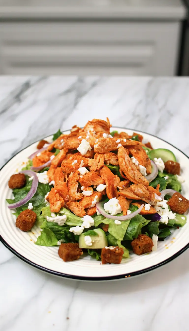 A close-up, slightly elevated shot of a fork poised over a serving of Buffalo Chicken Caesar Salad on a minimalist white plate with a black rim. The fork hovers just above a piece of spicy orange buffalo chicken, crisp green romaine, a slice of red onion, and a crumble of white feta cheese. The textures are clearly visible and appetizing. The plate is on a white marble countertop, illuminated by natural morning light, with soft shadows and warm tones. A small bunch of fresh herbs is blurred in the background.