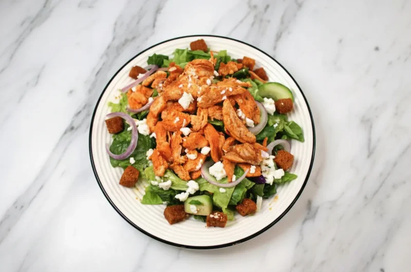 A vibrant, generously piled Buffalo Chicken Caesar Salad on a minimalist white plate with a thin black rim, viewed from a slight angle. The salad features crisp chopped romaine lettuce, large pieces of shredded bright orange buffalo chicken, thinly sliced red onion rings, green cucumber slices, golden-brown croutons, and white crumbled feta cheese. The plate rests on a white marble countertop with subtle gray veining. Natural morning light from an east window casts soft shadows. Fresh green herbs are visible blurred in the background, and a corner of a wooden cutting board is subtly present. The overall tone is warm, clean, and tidy, with a focus on the fresh textures and colors.