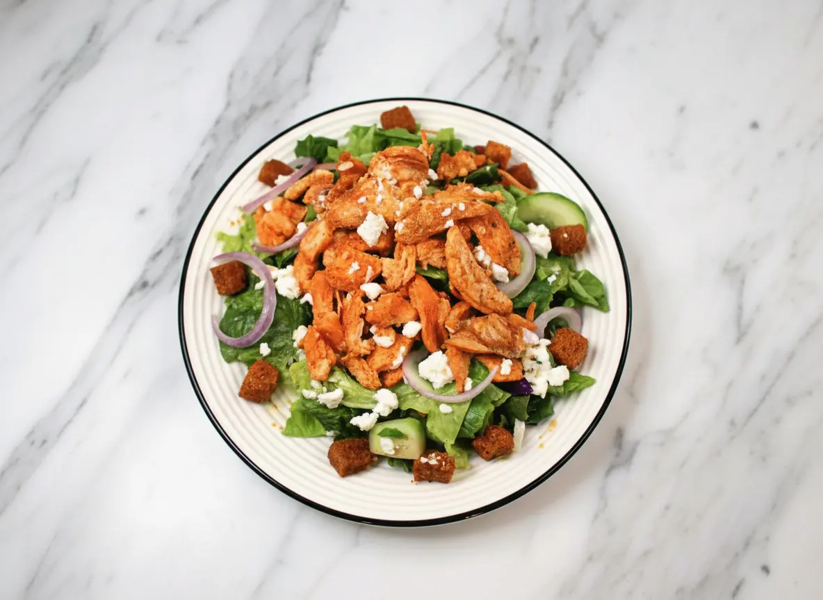 A vibrant, generously piled Buffalo Chicken Caesar Salad on a minimalist white plate with a thin black rim, viewed from a slight angle. The salad features crisp chopped romaine lettuce, large pieces of shredded bright orange buffalo chicken, thinly sliced red onion rings, green cucumber slices, golden-brown croutons, and white crumbled feta cheese. The plate rests on a white marble countertop with subtle gray veining. Natural morning light from an east window casts soft shadows. Fresh green herbs are visible blurred in the background, and a corner of a wooden cutting board is subtly present. The overall tone is warm, clean, and tidy, with a focus on the fresh textures and colors.
